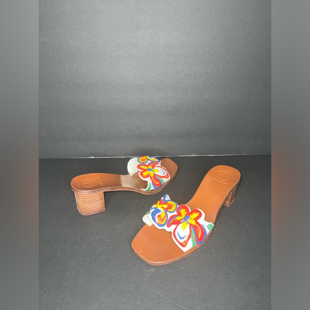 $348 Tory Burch Bianca 45mm Floral Embellished Slide Sandal Perfect Ivory Sz5.5